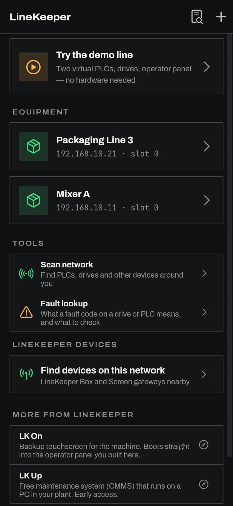 Home screen of LK Go: the built-in demo line, a packaging line and a mixer already added, network scan and device search below