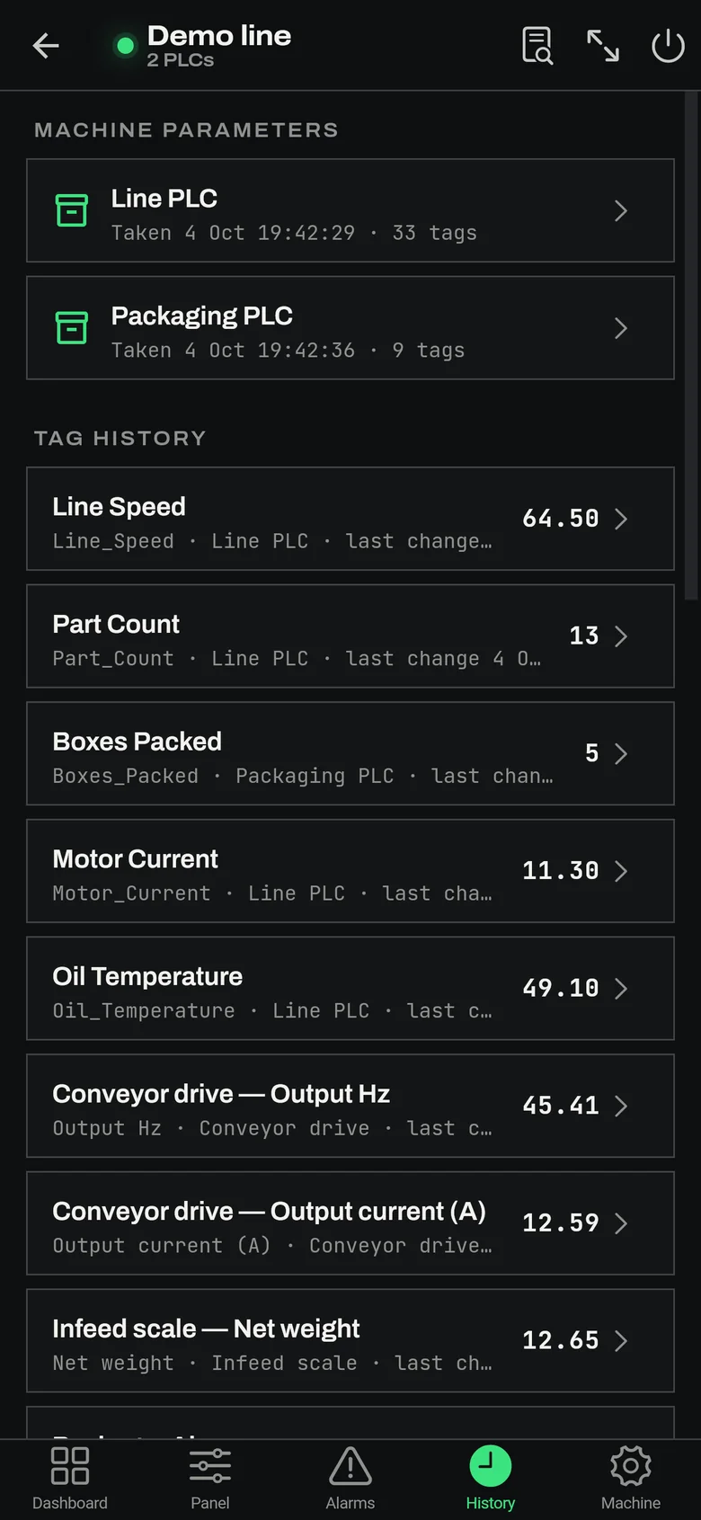 History tab with per-PLC parameter snapshot cards and a timestamped change log of dashboard tags