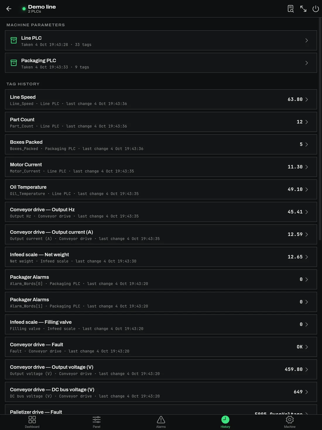 iPad History tab with parameter snapshot cards and the tag change log