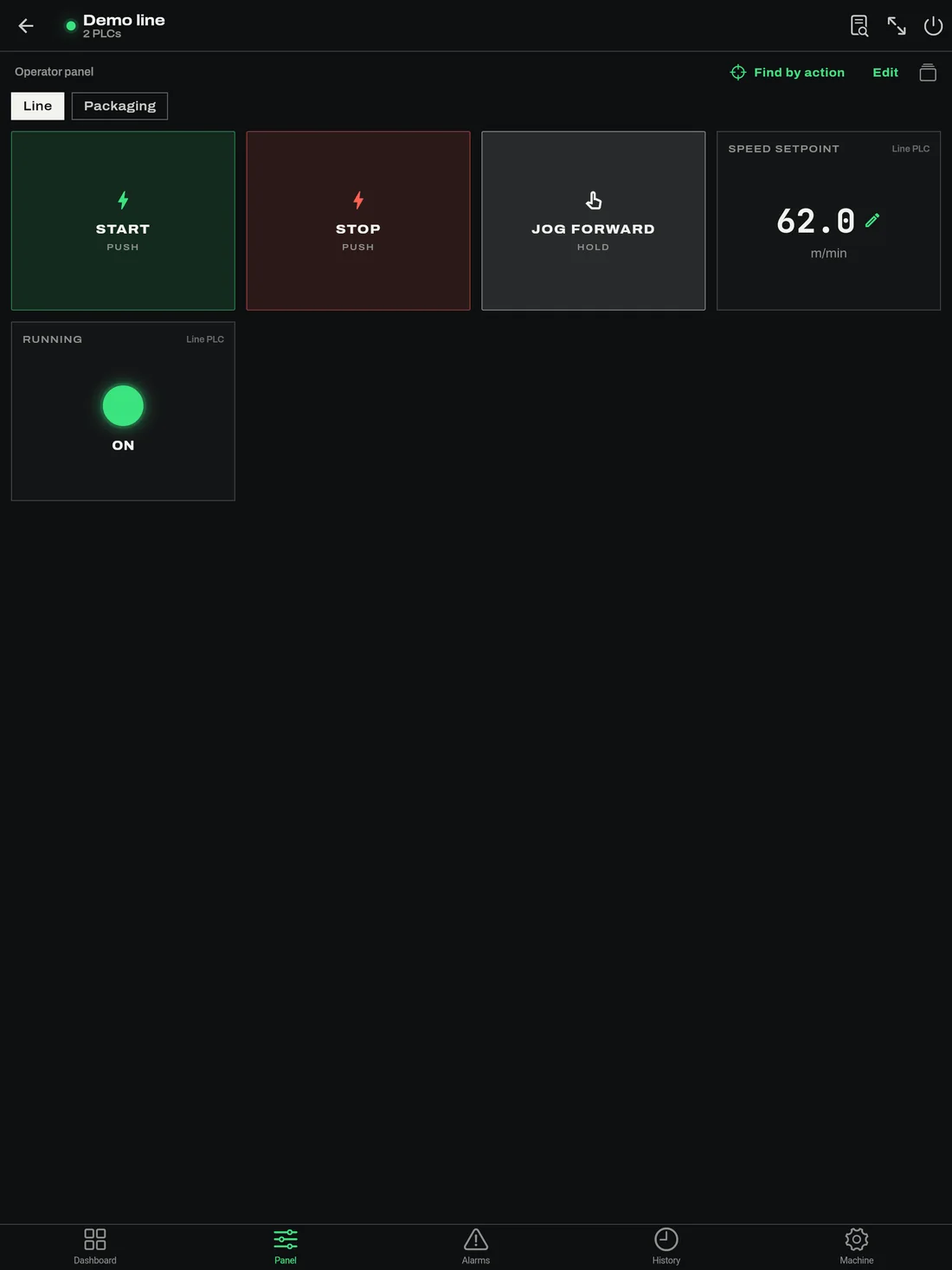 iPad operator panel with large start, stop and jog buttons, a speed setpoint and status lamps