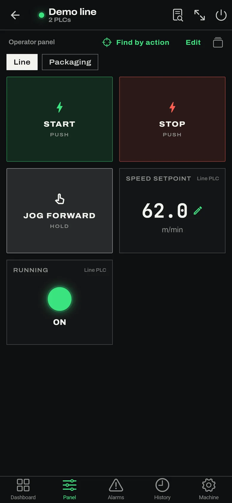Operator panel with start, stop and hold-to-run jog buttons, a speed setpoint and a running lamp