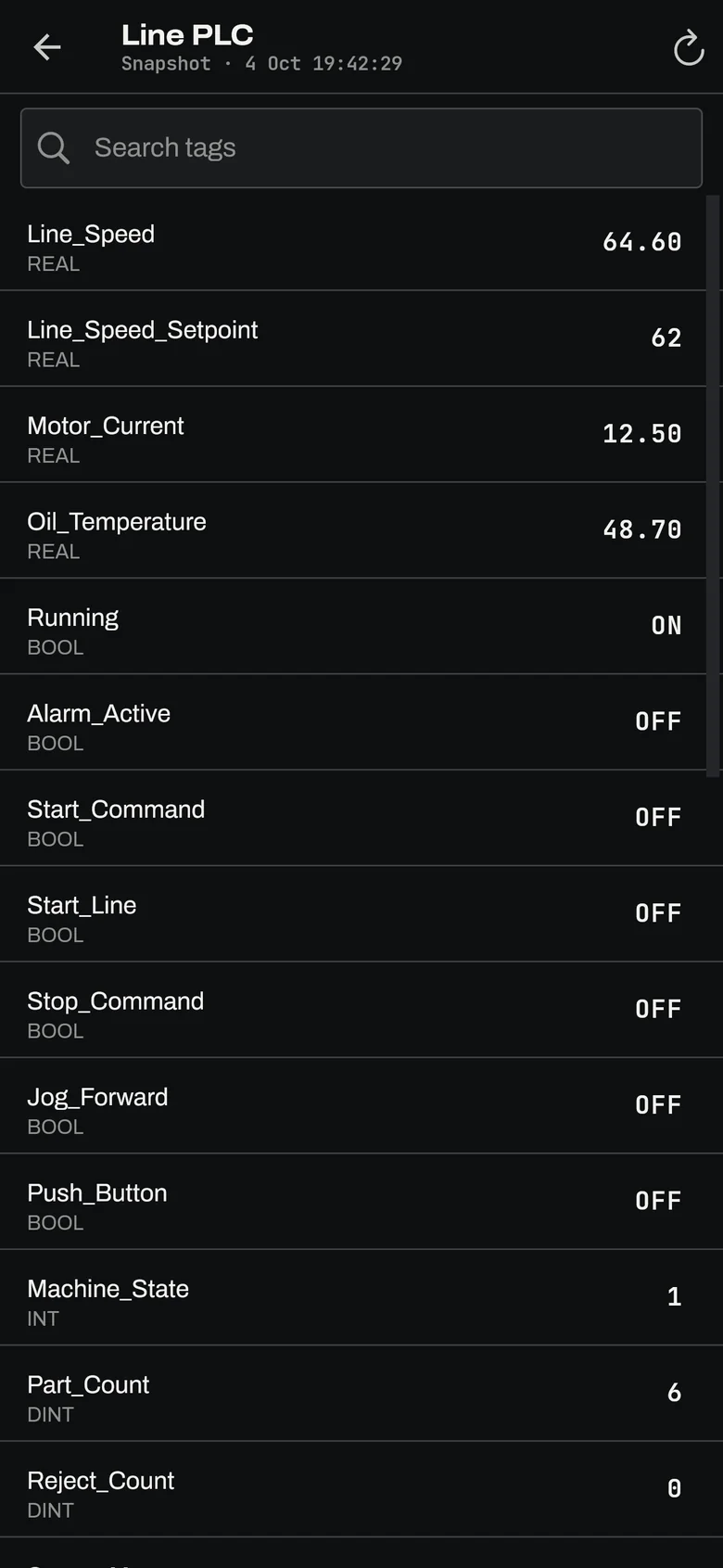 Parameter snapshot screen: a searchable list of tag values recorded at the first connection