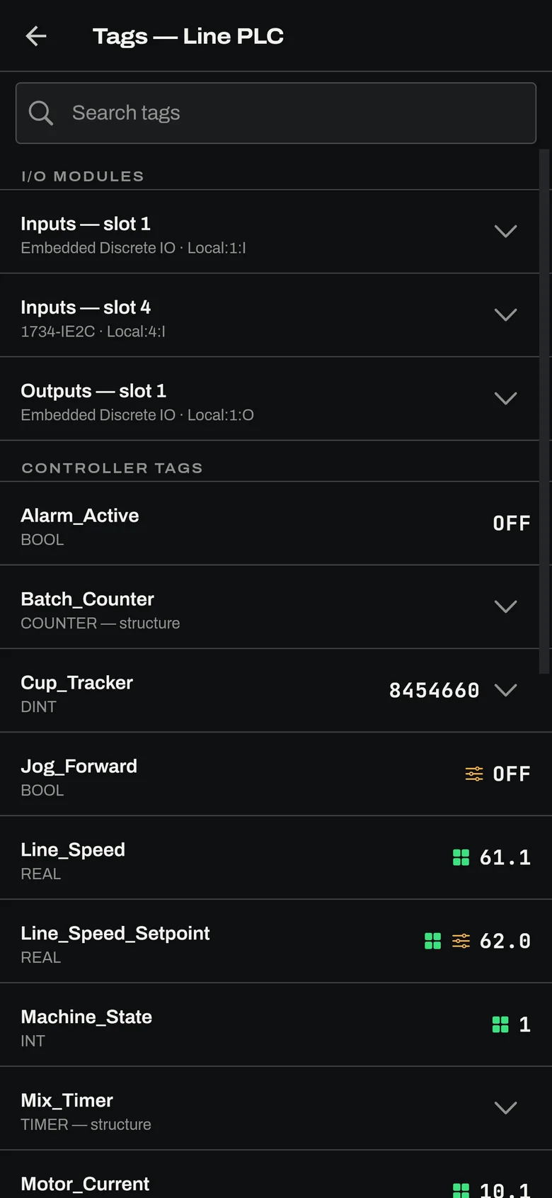 Tag browser with live values, I/O modules and search across the demo line's controllers