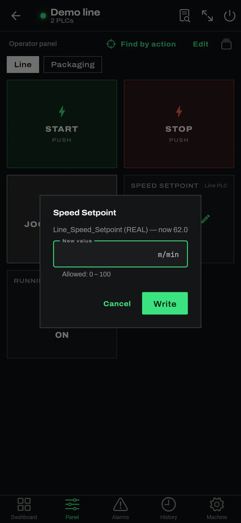 Write dialog for a REAL setpoint with allowed range and confirmation