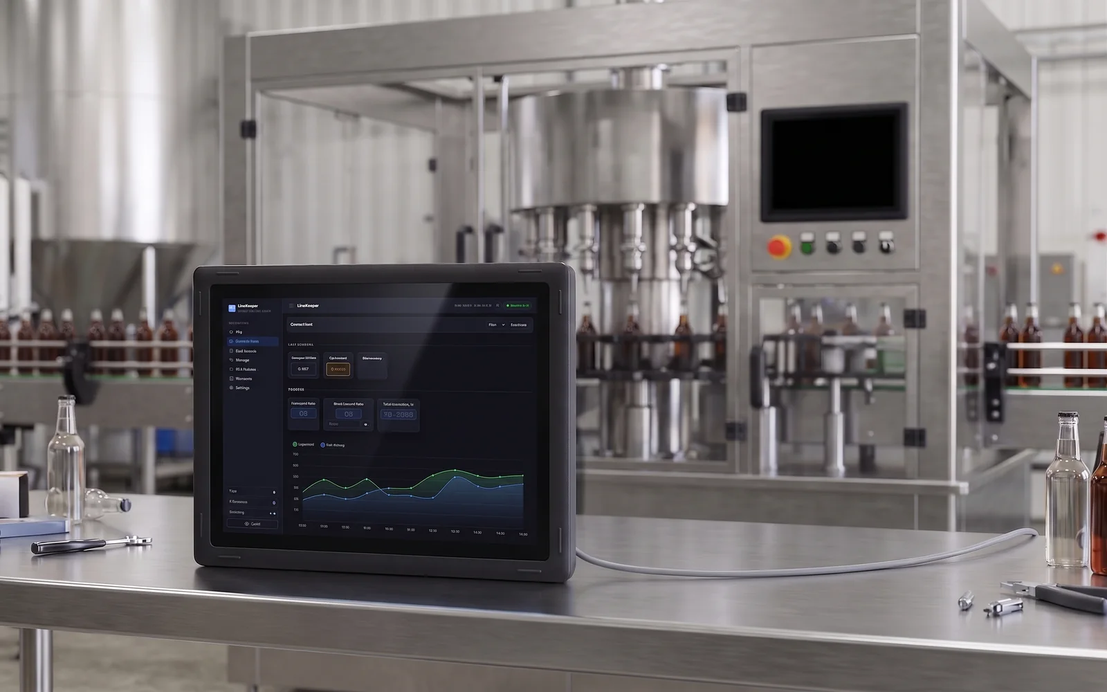 LK On standing beside a machine whose built-in HMI panel is dark, showing the operator control panel