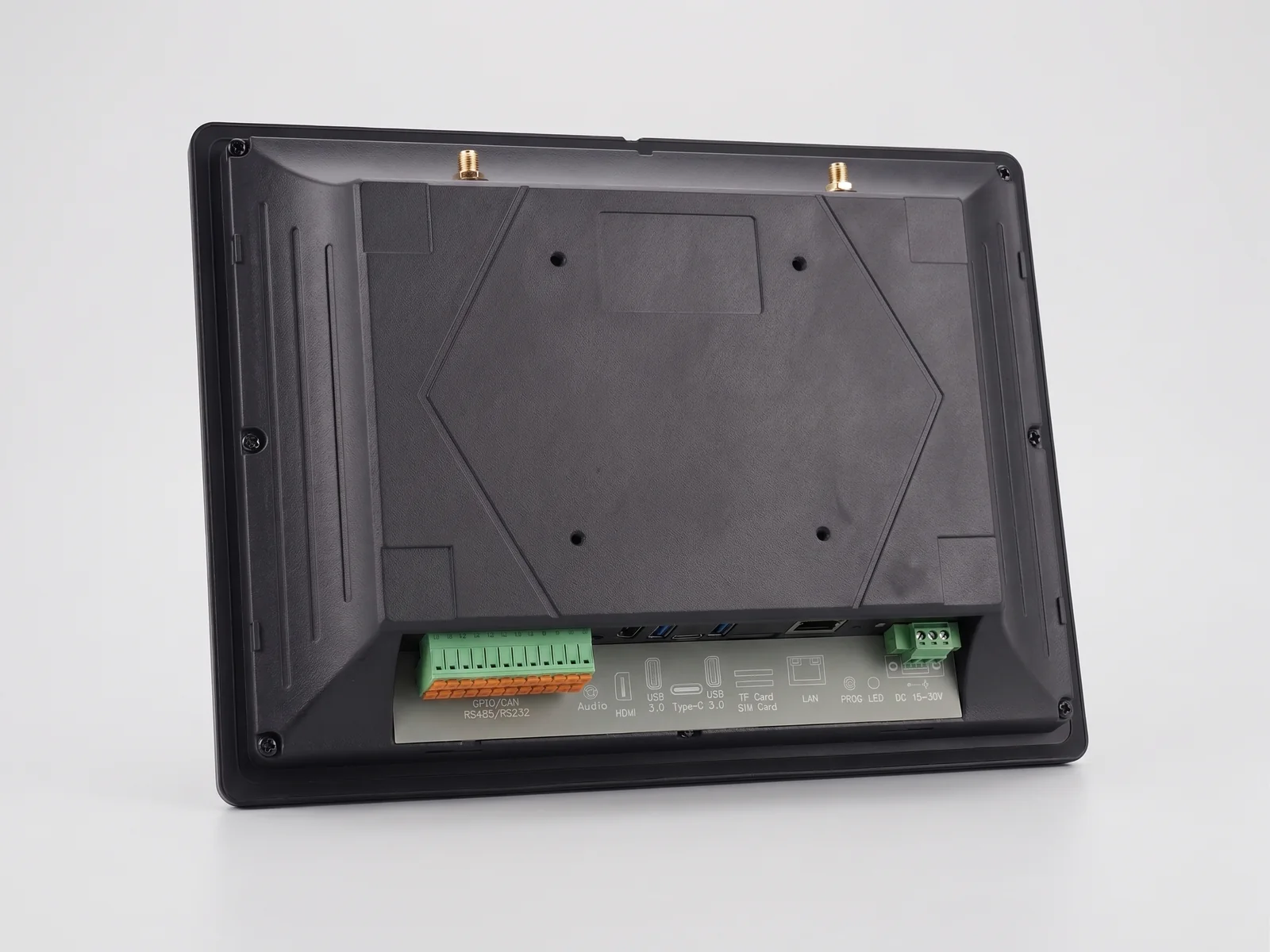 Rear of LK On: Ethernet, USB-A and USB-C ports, HDMI out, RS-232/RS-485 terminals, DC power terminal and VESA mounting holes