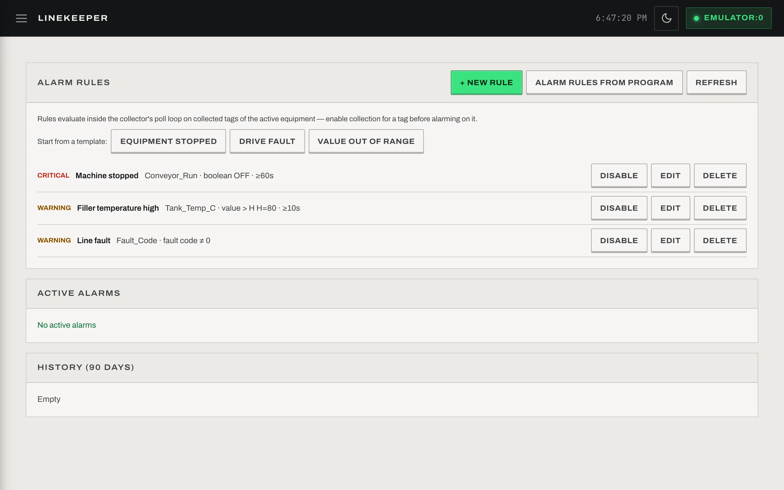 Alarms tab: rules, active alarms and the 90-day history