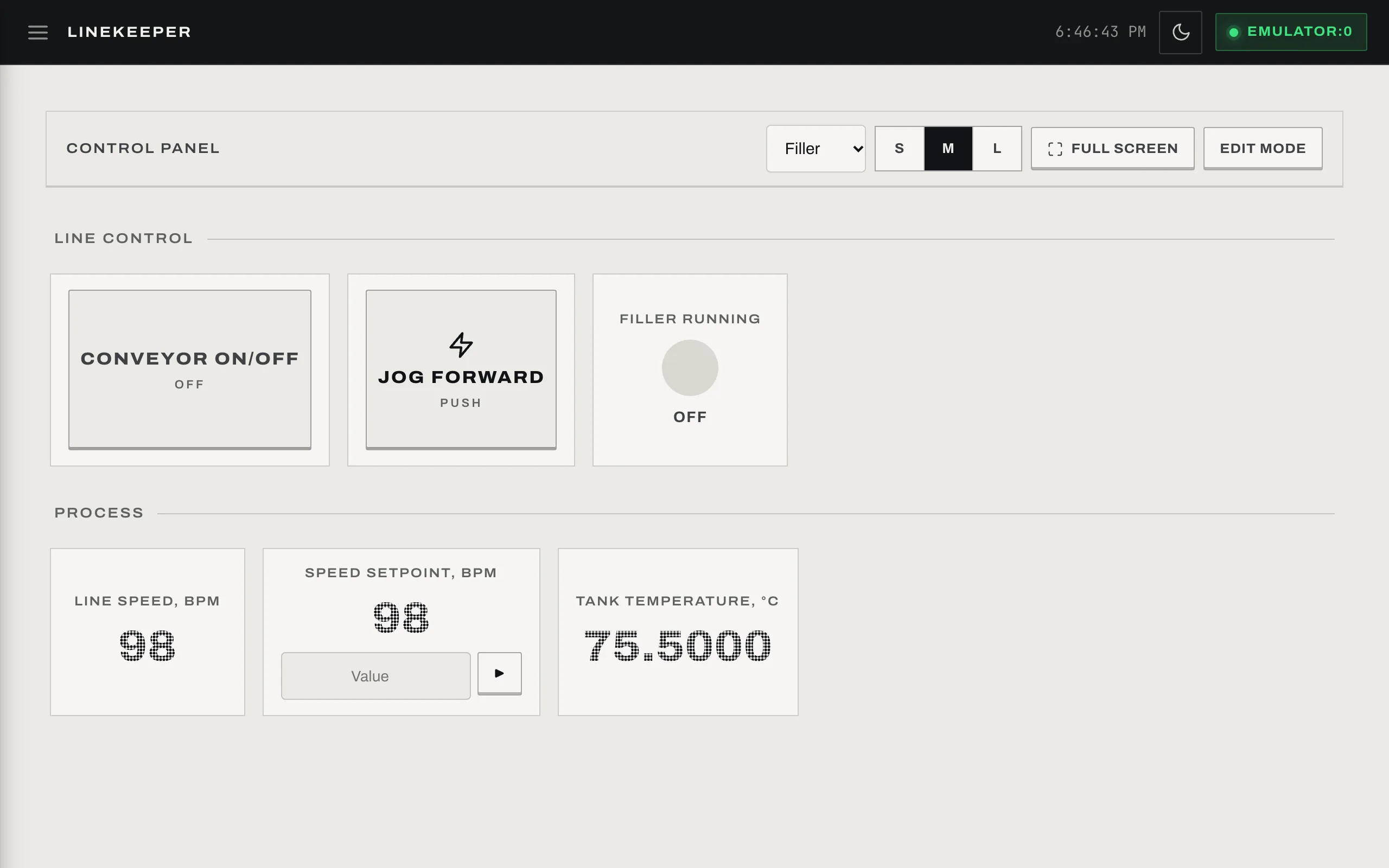 Control Panel: buttons, indicator and numeric widgets grouped into sections