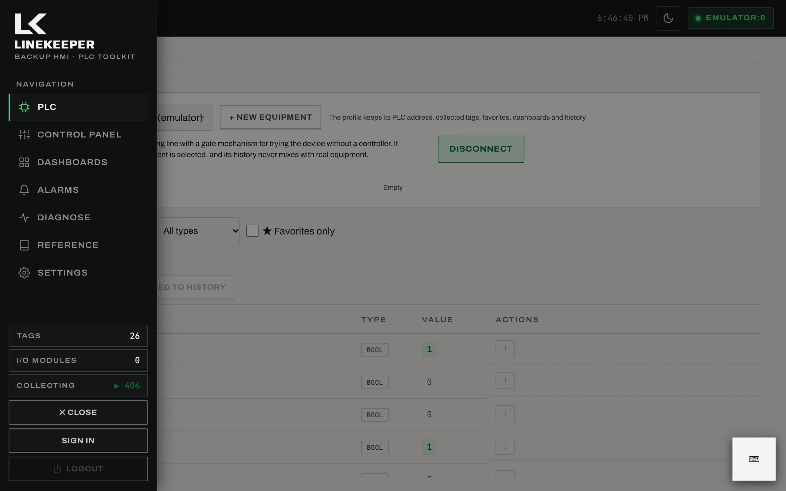 PLC tab: sidebar navigation, top bar and the live tag table