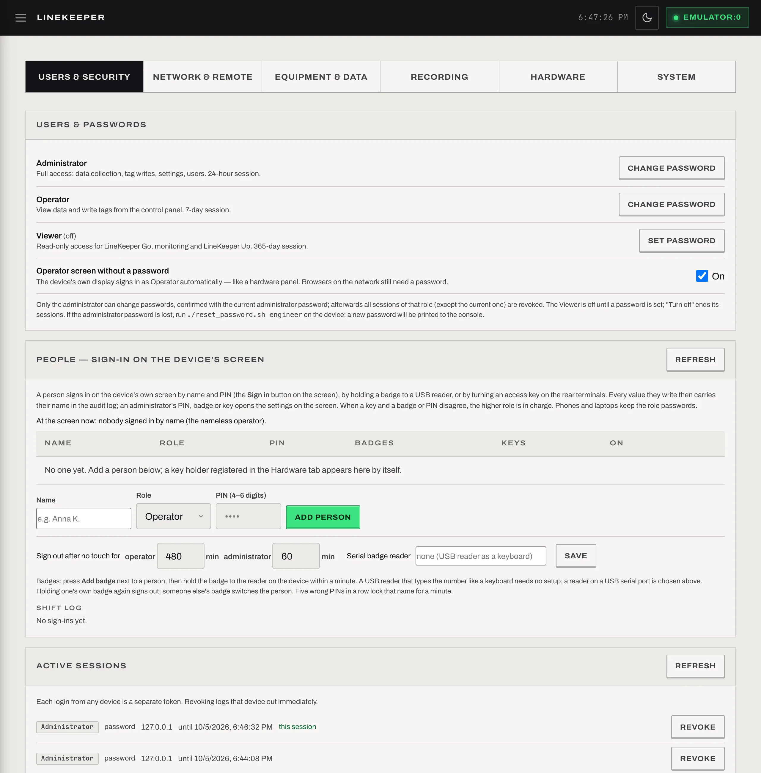 Settings → Users & security: passwords per role, people who sign in on the device's screen, active sessions