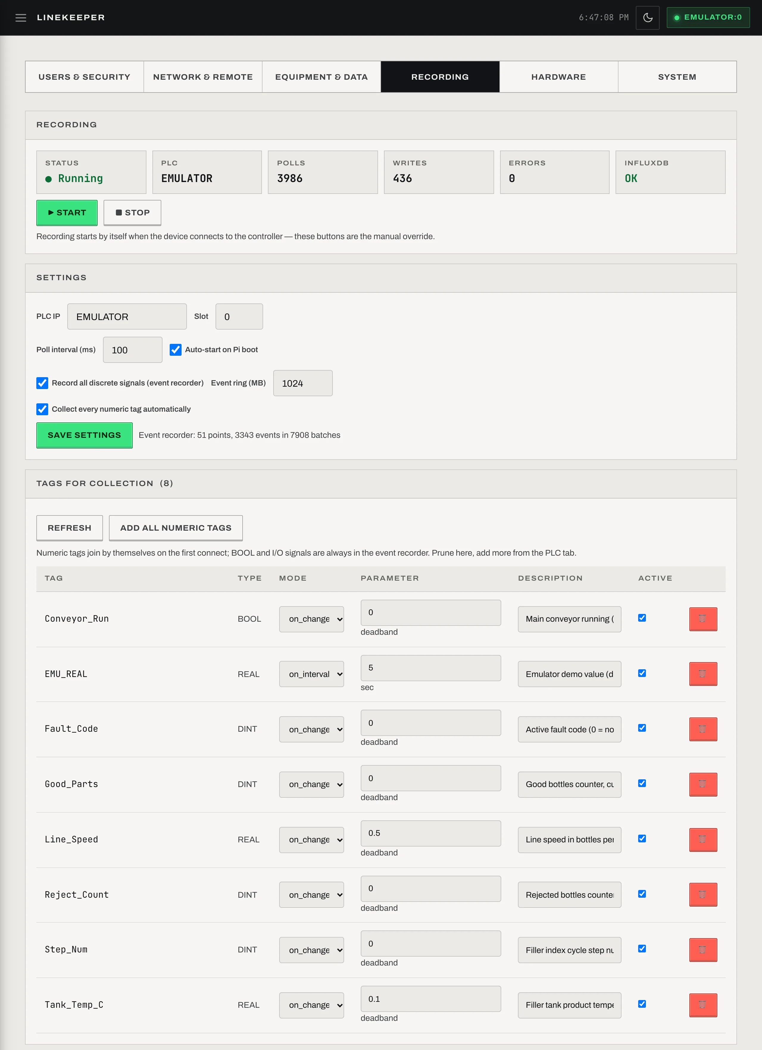 Settings → Recording: recorder status, settings and the list of recorded tags
