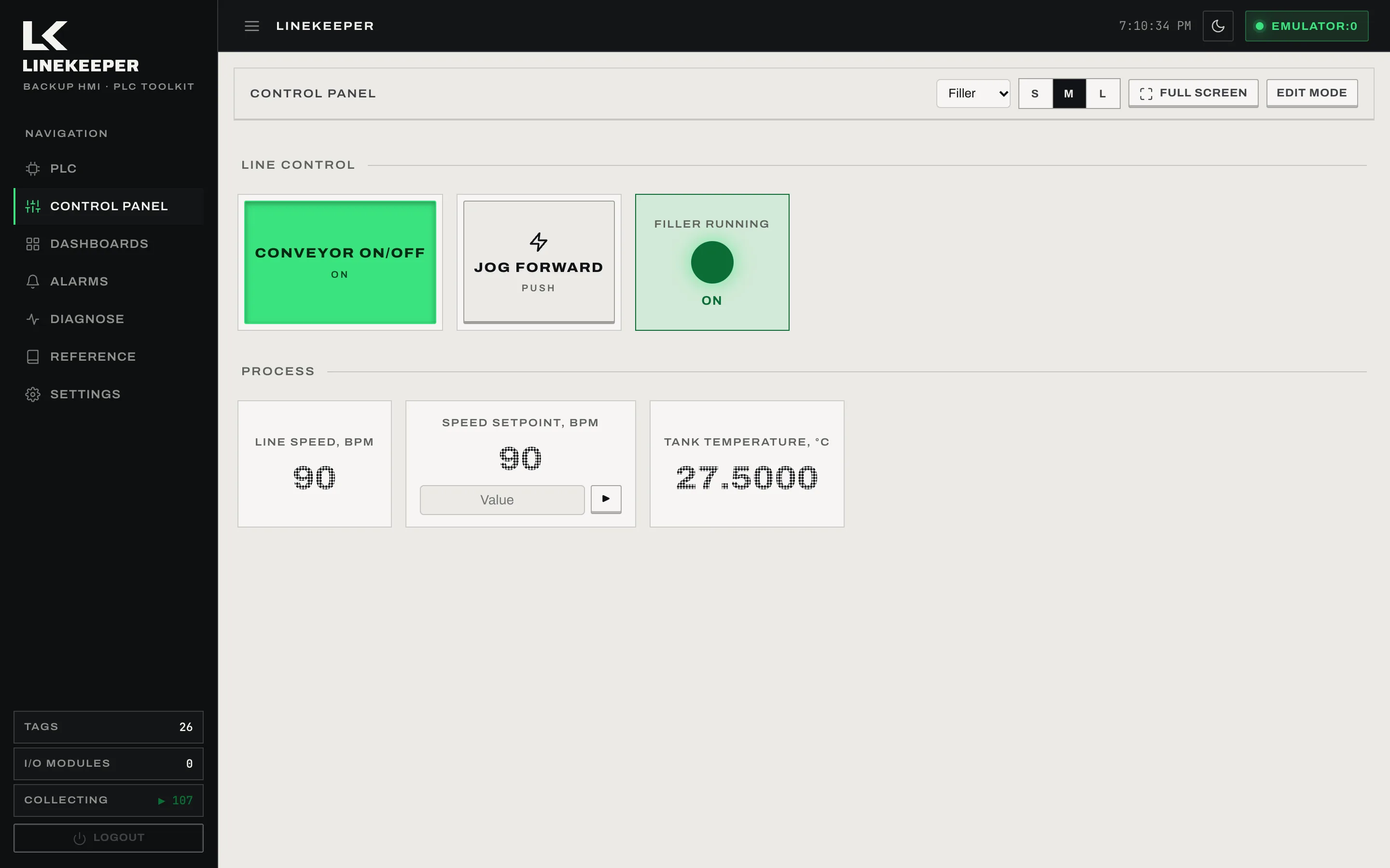 LineKeeper operator control panel: conveyor ON/OFF and jog buttons, running indicator, line speed with setpoint and tank temperature