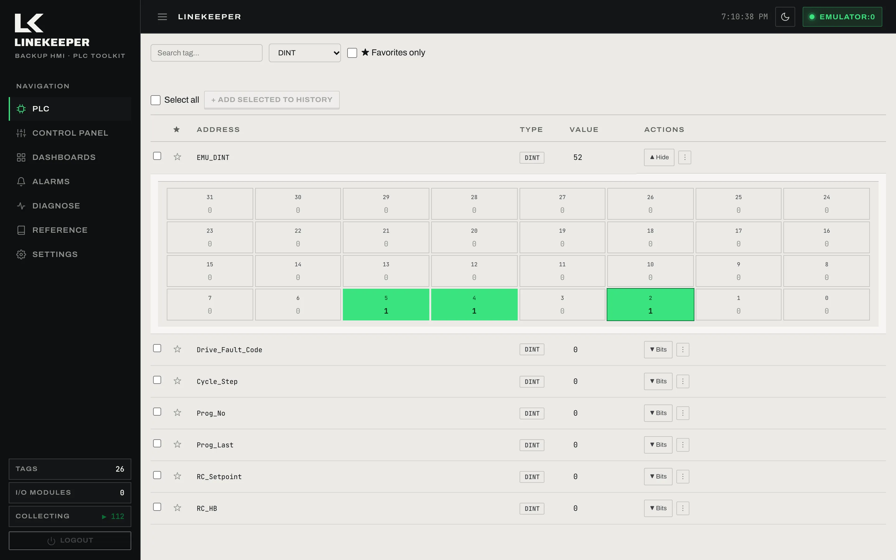 LineKeeper live tag diagnostics: the controller's integer tags with live values, one of them expanded into a 32-bit grid